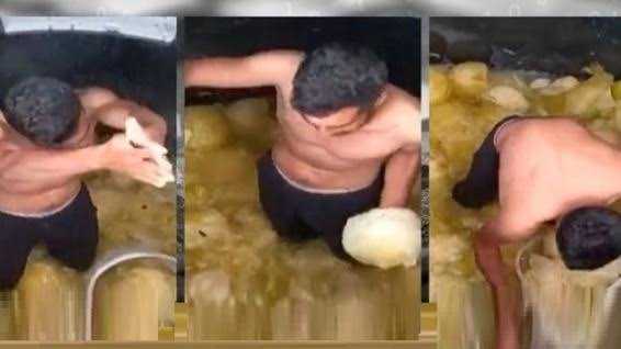 Çıplak ayakla turşu bidonunun içine girdi